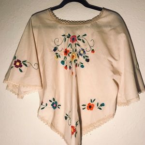 Vintage bohemian embroidered poncho blouse